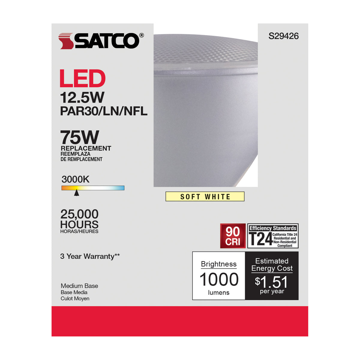 12.5 Watt - PAR30LN LED - 3000K - 25 deg. Beam Angle - Medium base - 120 Volt