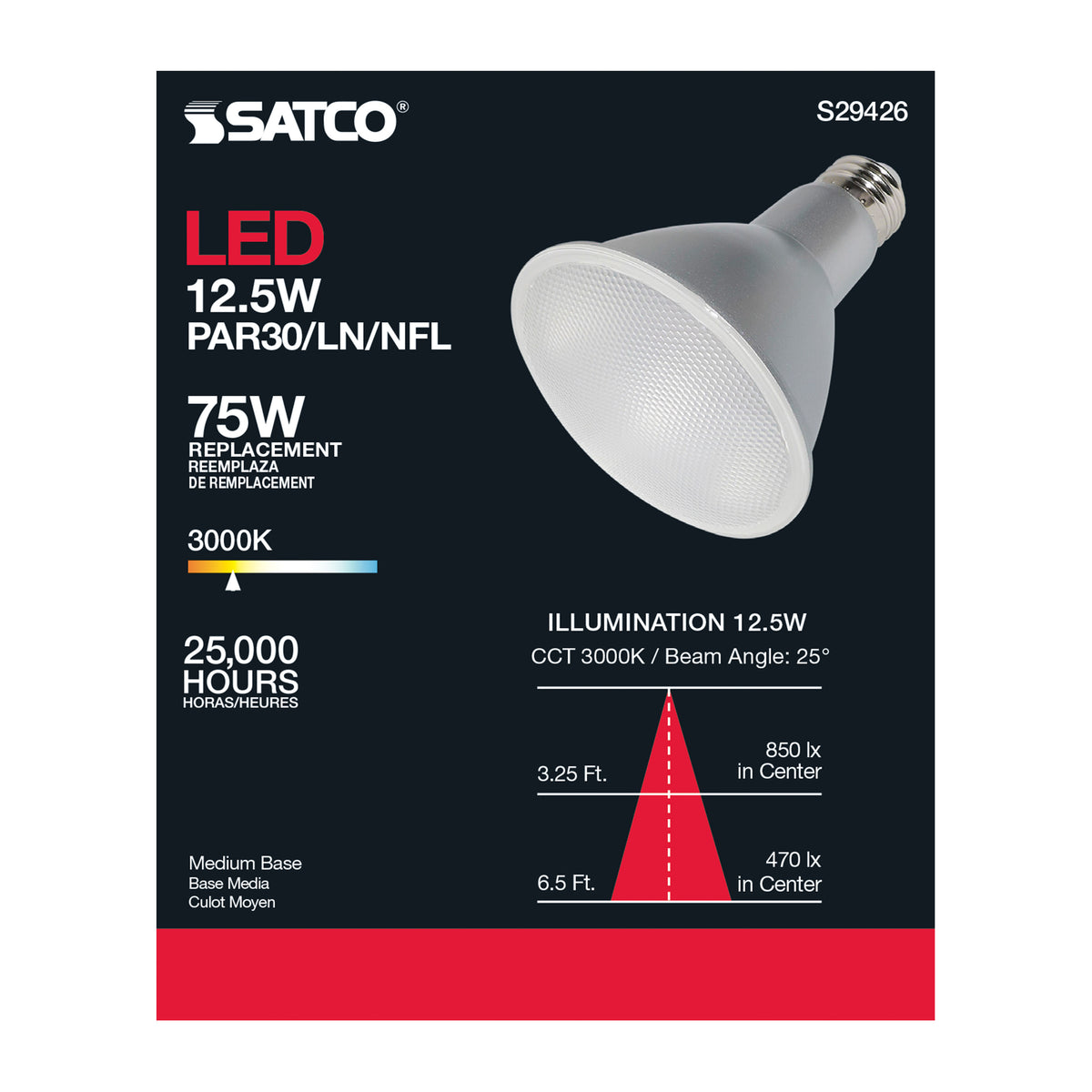 12.5 Watt - PAR30LN LED - 3000K - 25 deg. Beam Angle - Medium base - 120 Volt