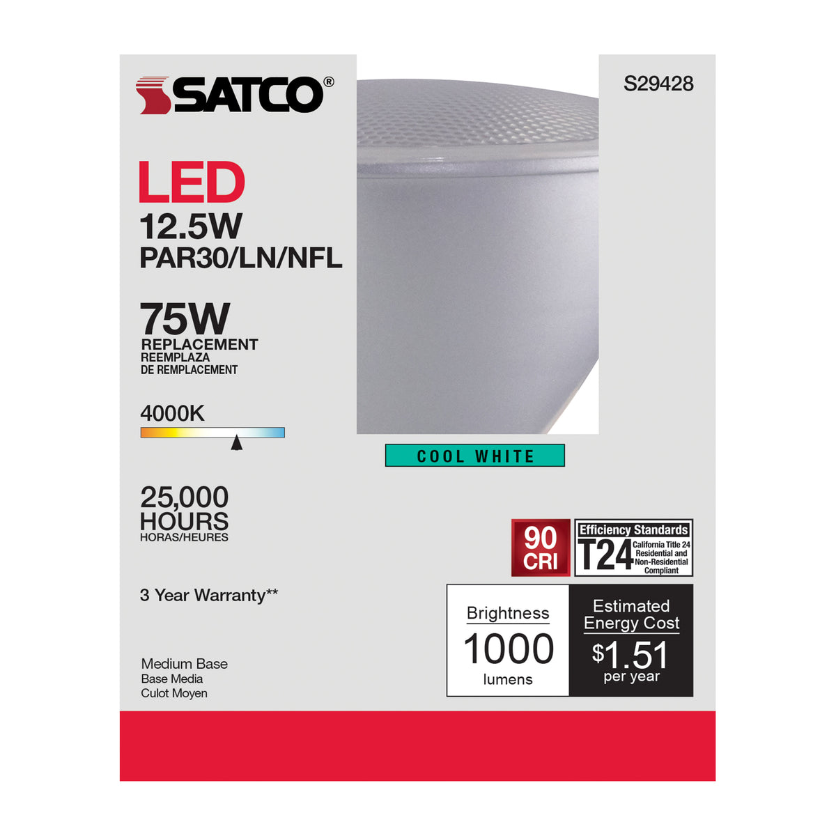 12.5 Watt - PAR30LN LED - 4000K - 25 deg. Beam Angle - Medium base - 120 Volt