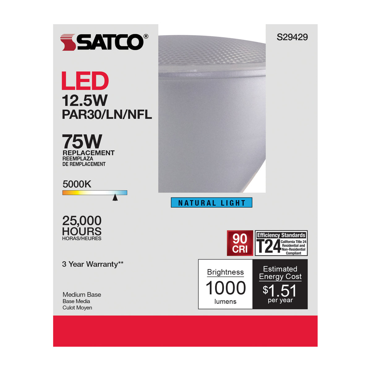 12.5 Watt - PAR30LN LED - 5000K - 25 deg. Beam Angle - Medium base - 120 Volt