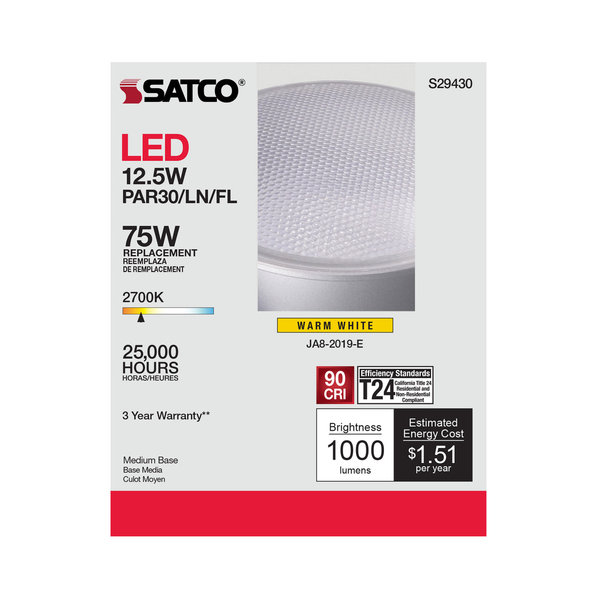 12.5 Watt - PAR30LN LED - 2700K - 40 deg. Beam Angle - Medium base - 120 Volt