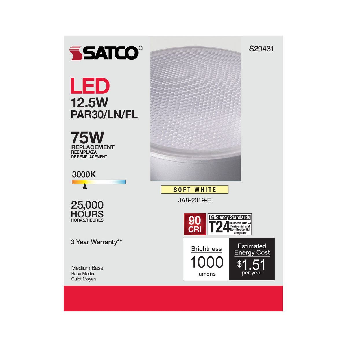 12.5 Watt - PAR30LN LED - 3000K - 40 deg. Beam Angle - Medium base - 120 Volt