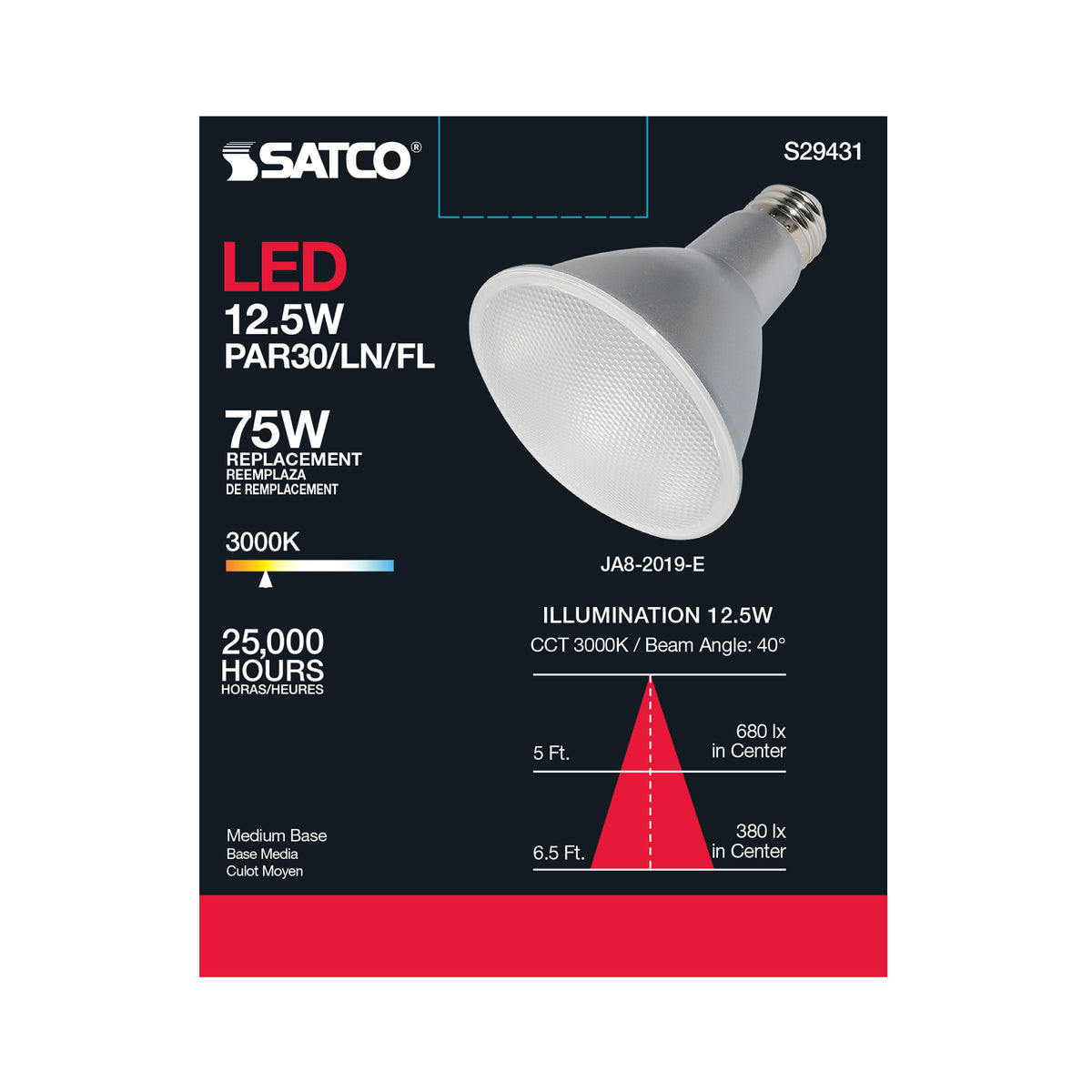 12.5 Watt - PAR30LN LED - 3000K - 40 deg. Beam Angle - Medium base - 120 Volt
