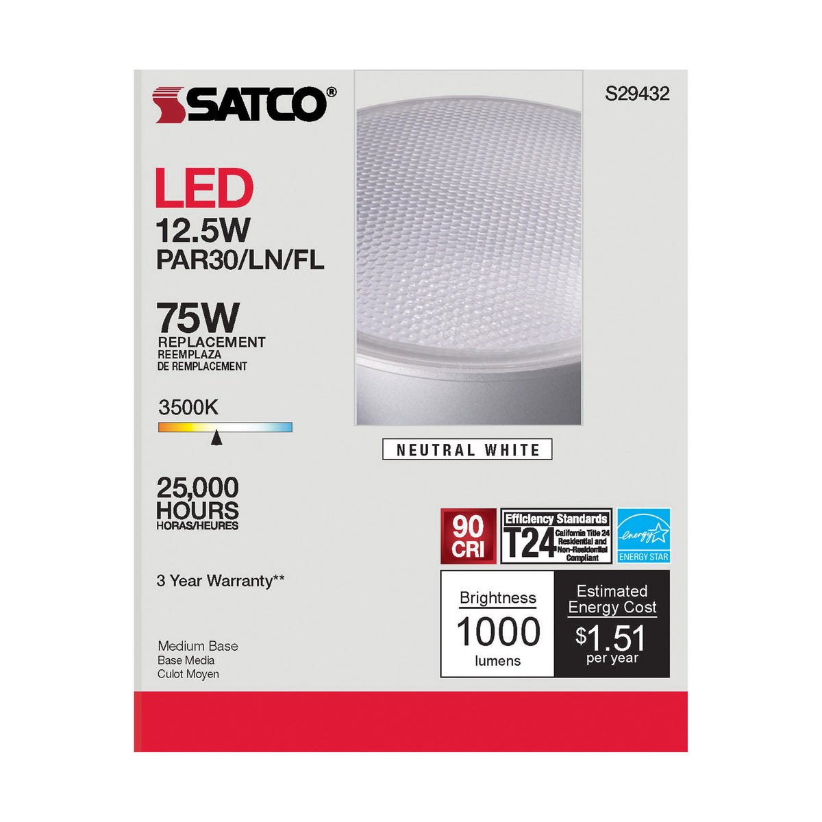 12.5 Watt - PAR30LN LED - 3500K - 40 deg. Beam Angle - Medium base - 120 Volt