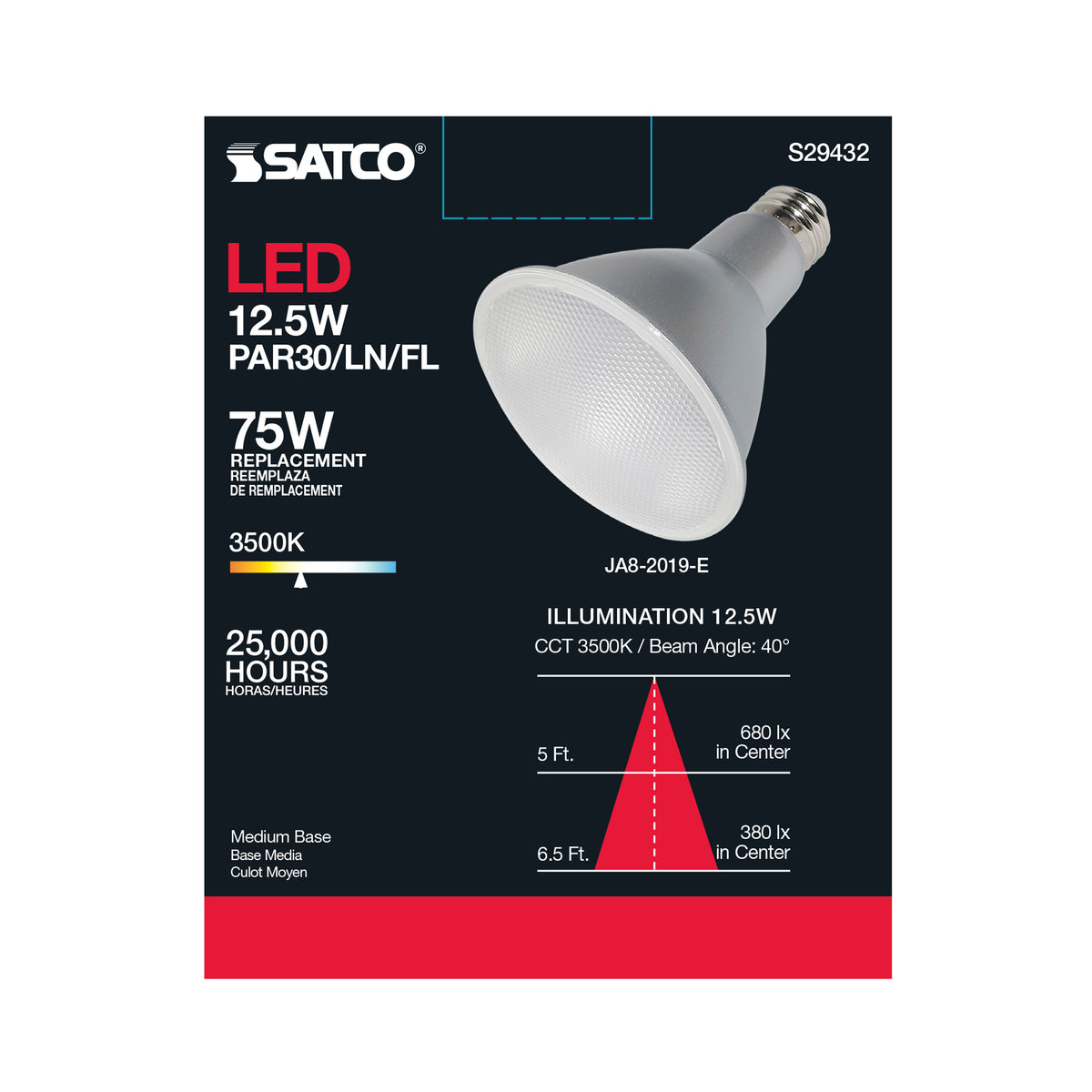 12.5 Watt - PAR30LN LED - 3500K - 40 deg. Beam Angle - Medium base - 120 Volt