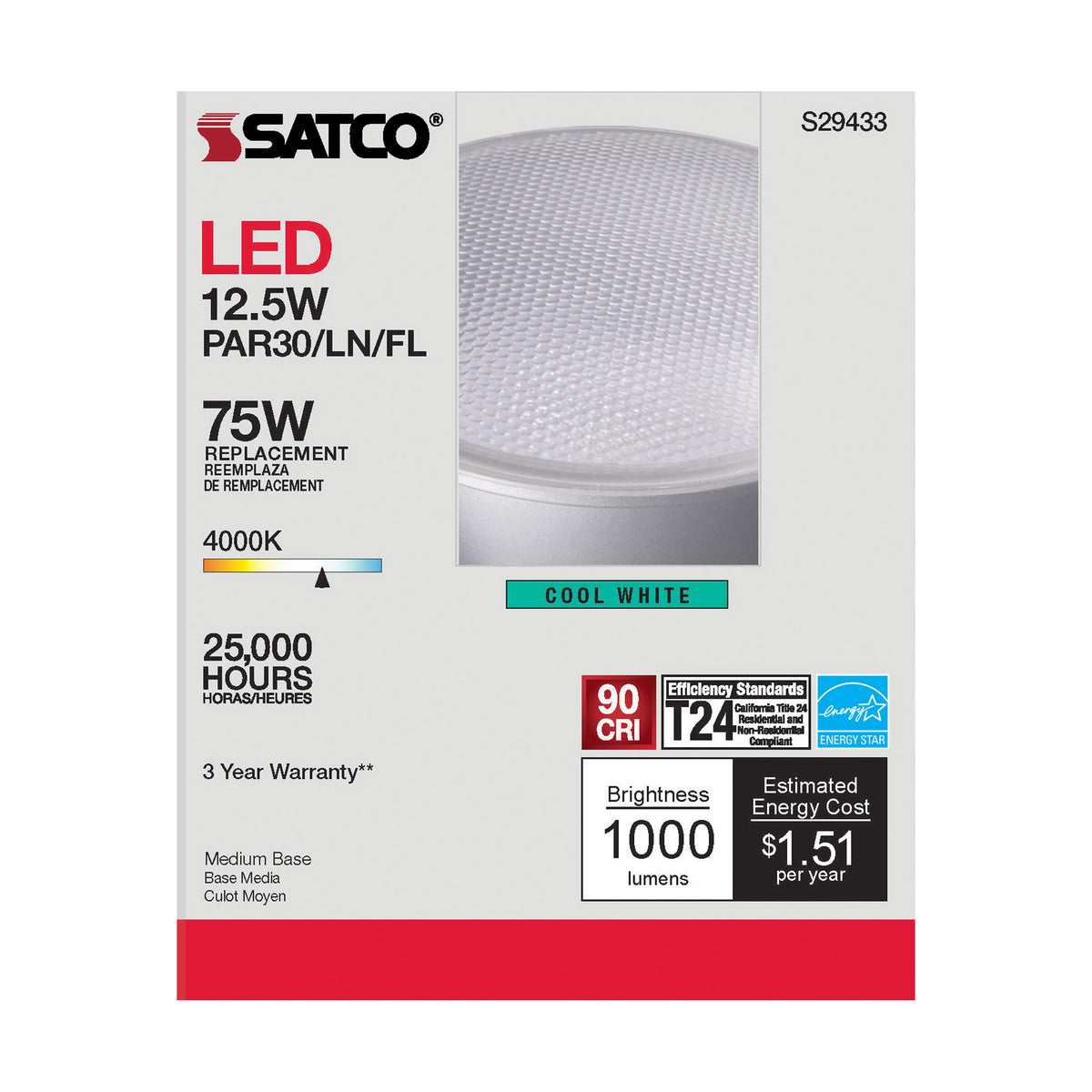 12.5 Watt - PAR30LN LED - 4000K - 40 deg. Beam Angle - Medium base - 120 Volt