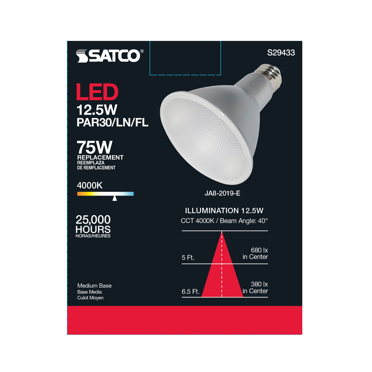 12.5 Watt - PAR30LN LED - 4000K - 40 deg. Beam Angle - Medium base - 120 Volt