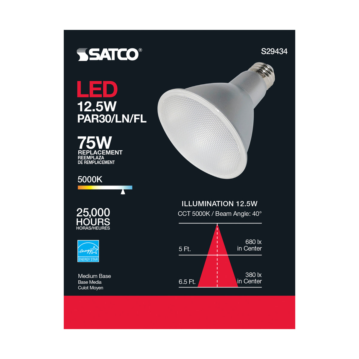12.5 Watt - PAR30LN LED - 5000K - 40 deg. Beam Angle - Medium base - 120 Volt