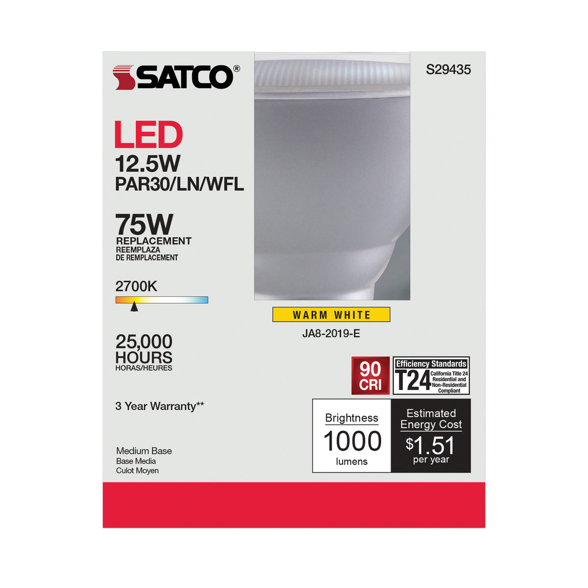 12.5 Watt - PAR30LN LED - 2700K - 60 deg. Beam Angle - Medium base - 120 Volt