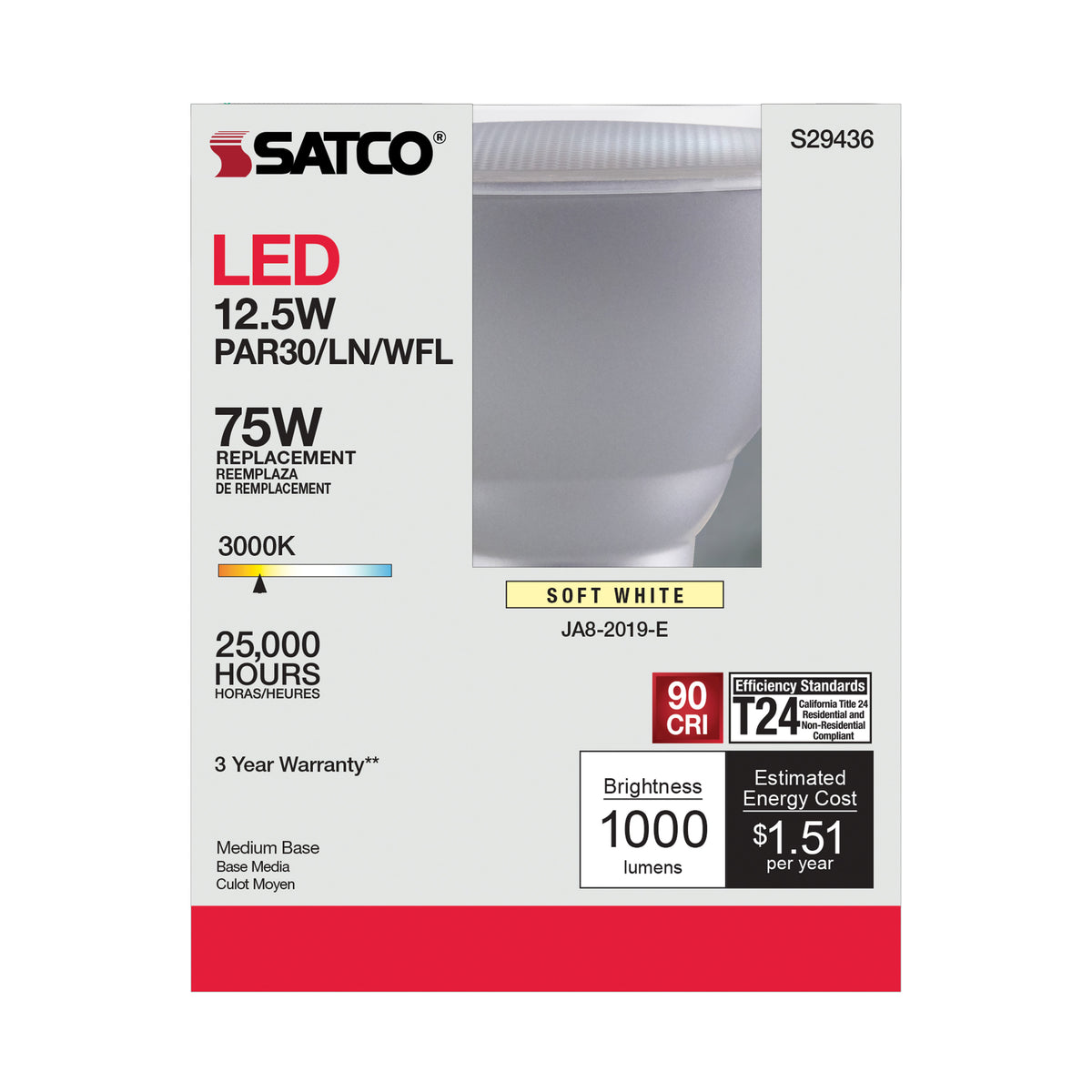 12.5 Watt - PAR30LN LED - 3000K - 60 deg. Beam Angle - Medium base - 120 Volt