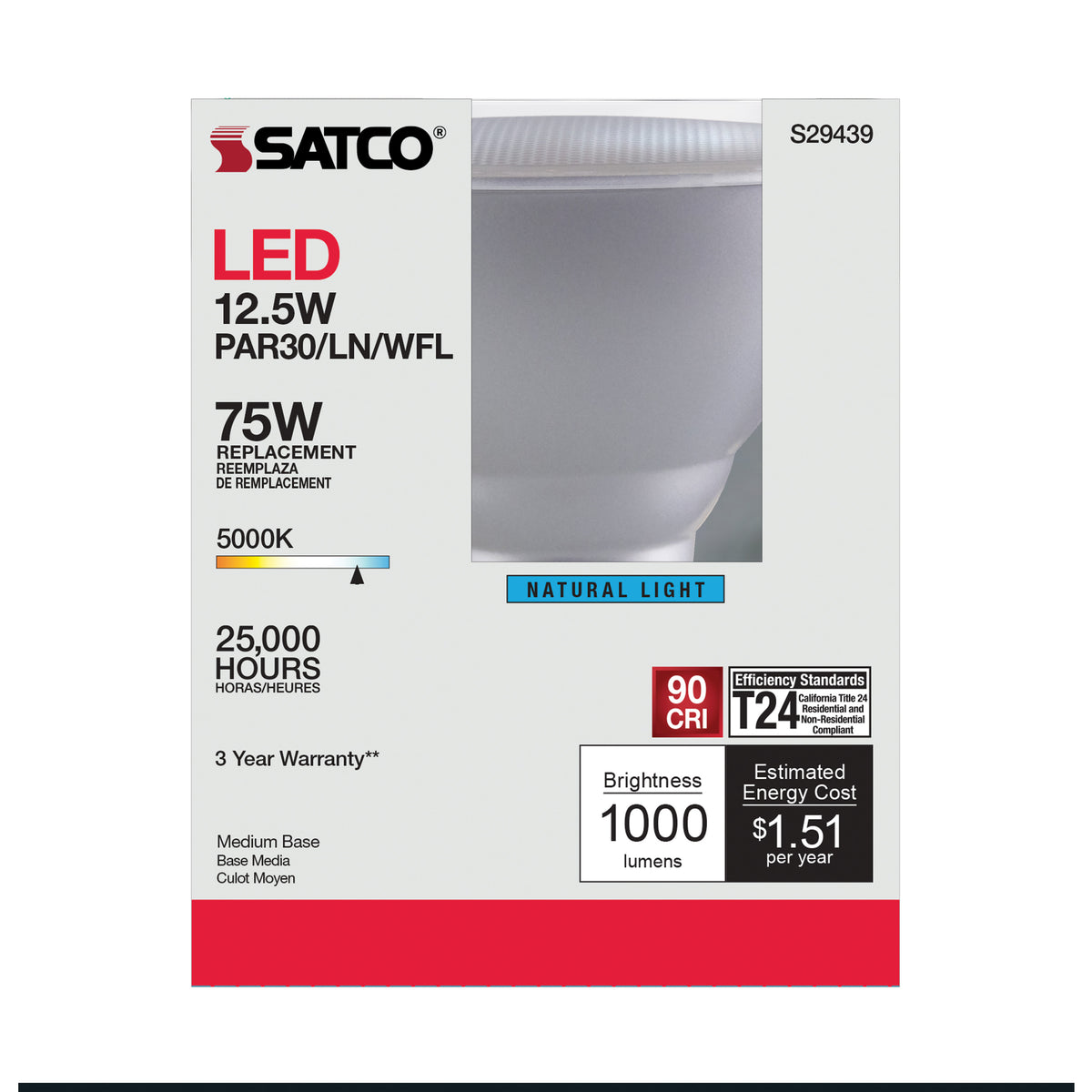 12.5 Watt - PAR30LN LED - 5000K - 60 deg. Beam Angle - Medium base - 120 Volt