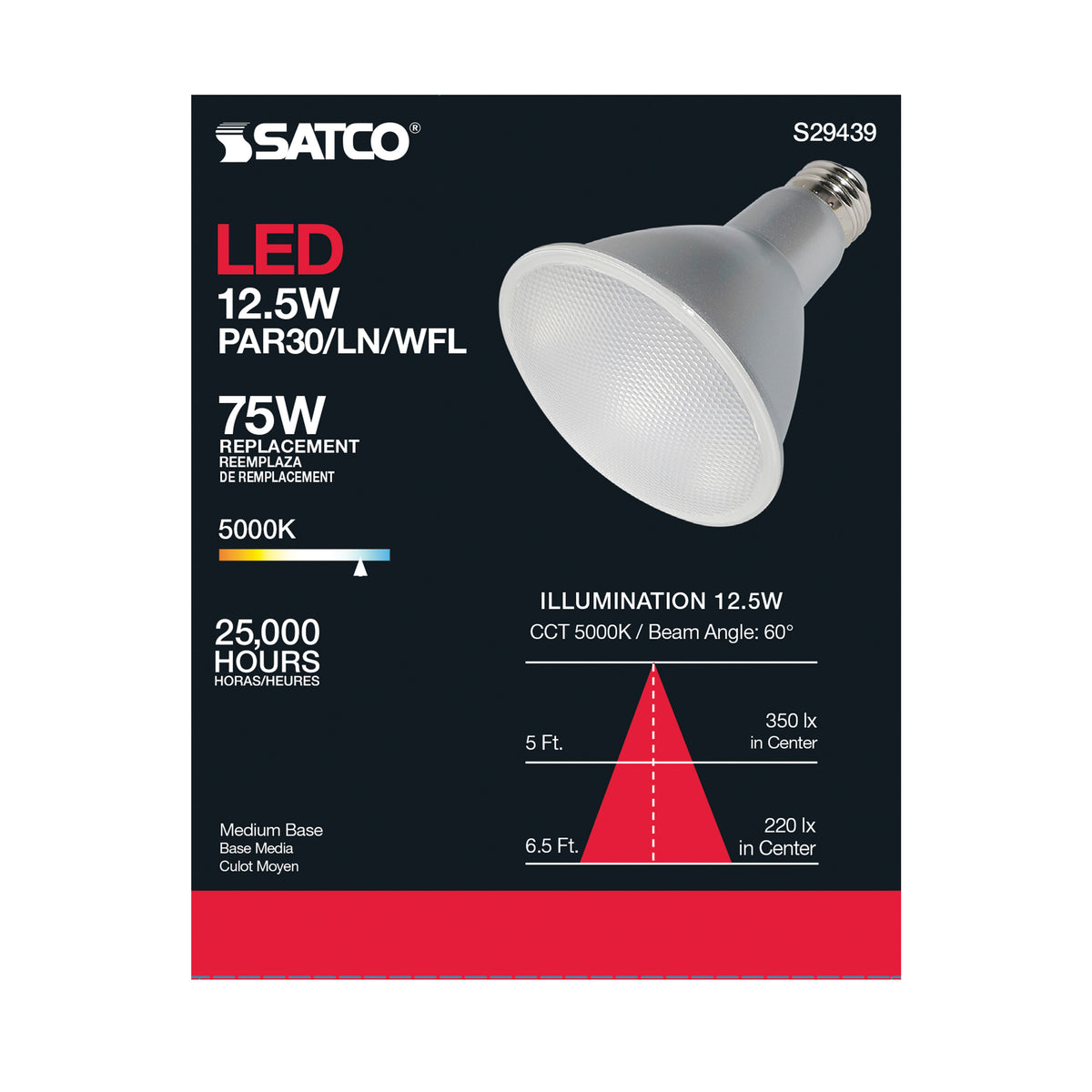 12.5 Watt - PAR30LN LED - 5000K - 60 deg. Beam Angle - Medium base - 120 Volt
