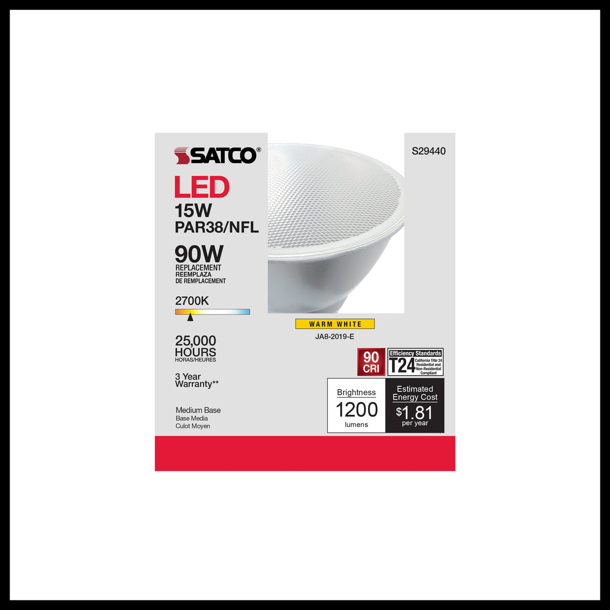 15 Watt - PAR38 LED - 2700K - 25 deg. Beam Angle - Medium base - 120 Volt