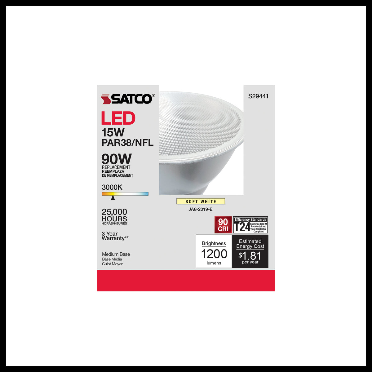 15 Watt - PAR38 LED - 3000K - 25 deg. Beam Angle - Medium base - 120 Volt