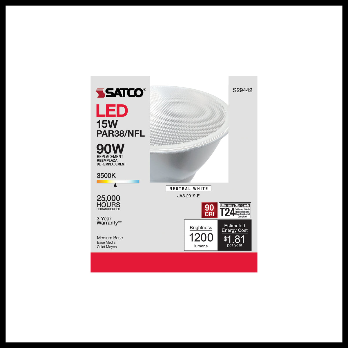15 Watt - PAR38 LED - 3500K - 25 deg. Beam Angle - Medium base - 120 Volt