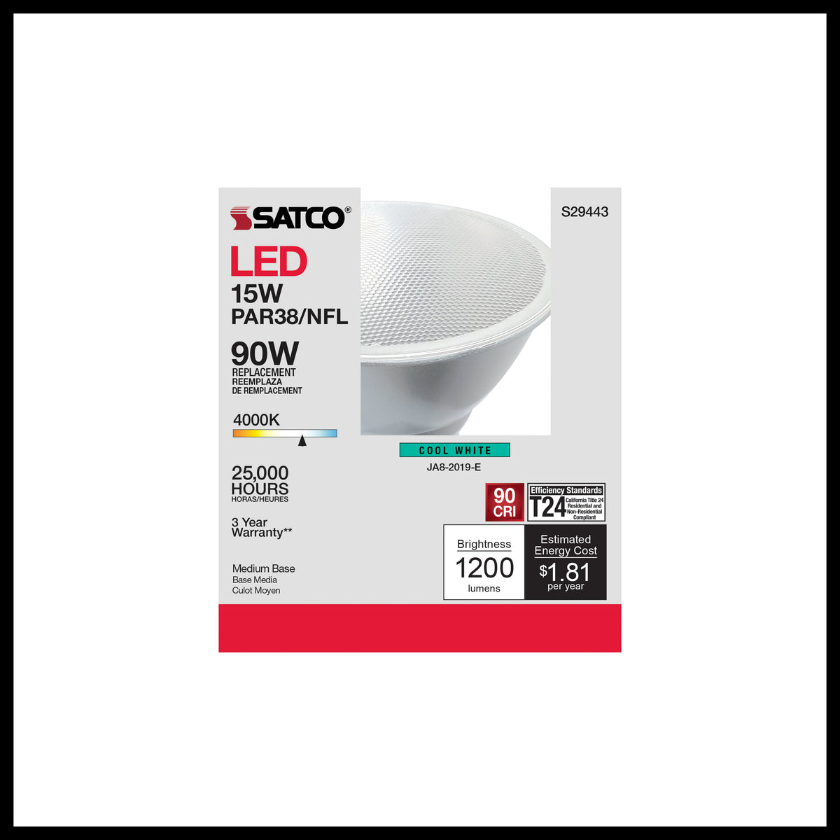 15 Watt - PAR38 LED - 4000K - 25 deg. Beam Angle - Medium base - 120 Volt
