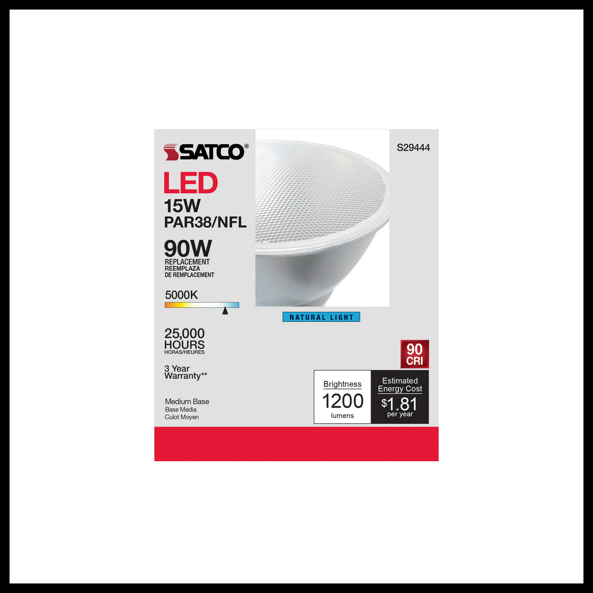 15 Watt - PAR38 LED - 5000K - 25 deg. Beam Angle - Medium base - 120 Volt
