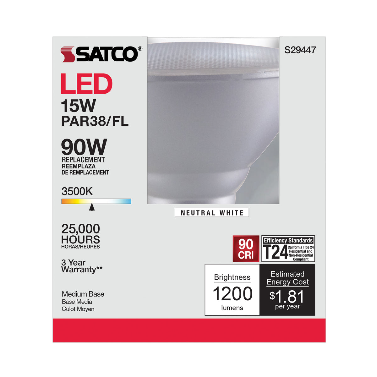 15 Watt - PAR38 LED - 3500K - 40 deg. Beam Angle - Medium base - 120 Volt