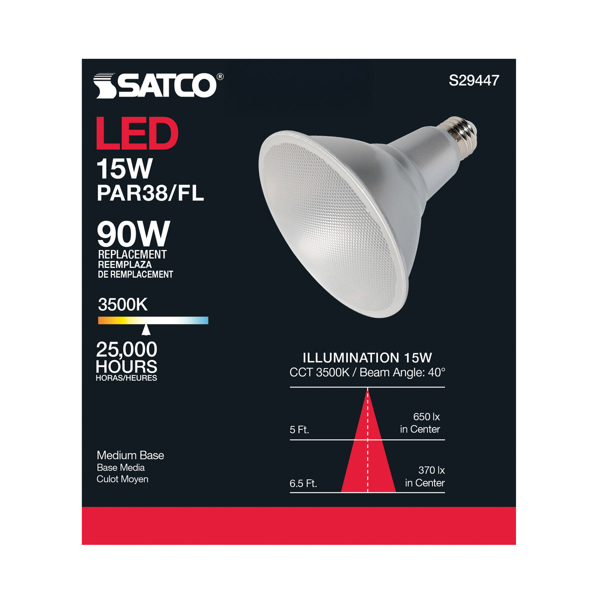 15 Watt - PAR38 LED - 3500K - 40 deg. Beam Angle - Medium base - 120 Volt