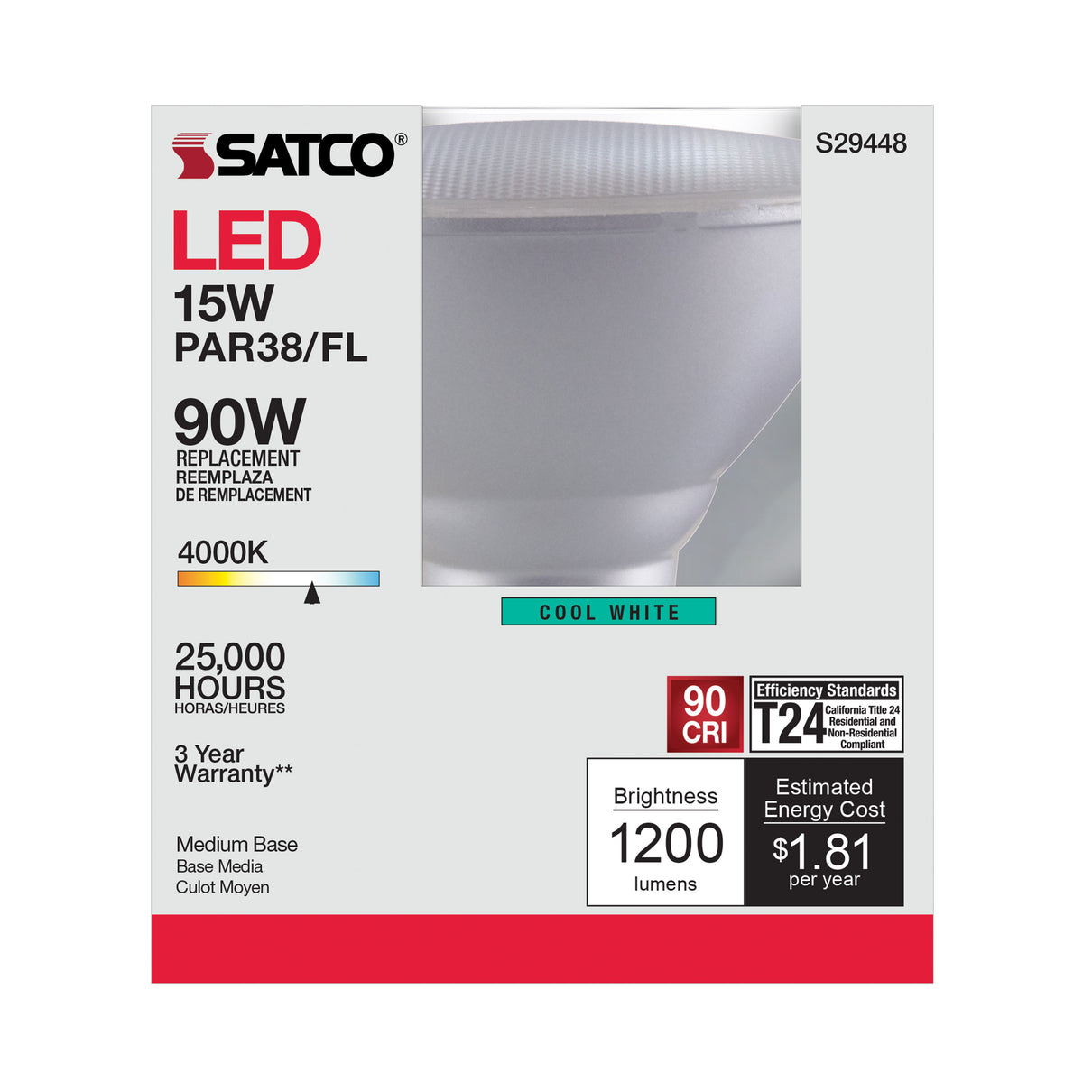15 Watt - PAR38 LED - 4000K - 40 deg. Beam Angle - Medium base - 120 Volt