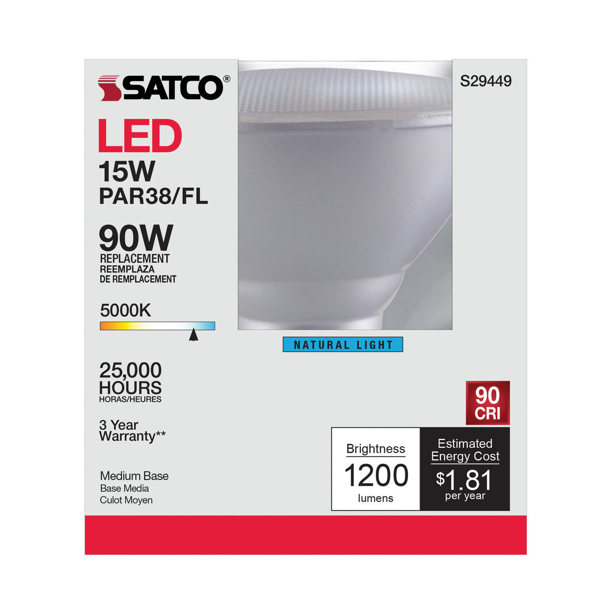 15 Watt - PAR38 LED - 5000K - 40 deg. Beam Angle - Medium base - 120 Volt