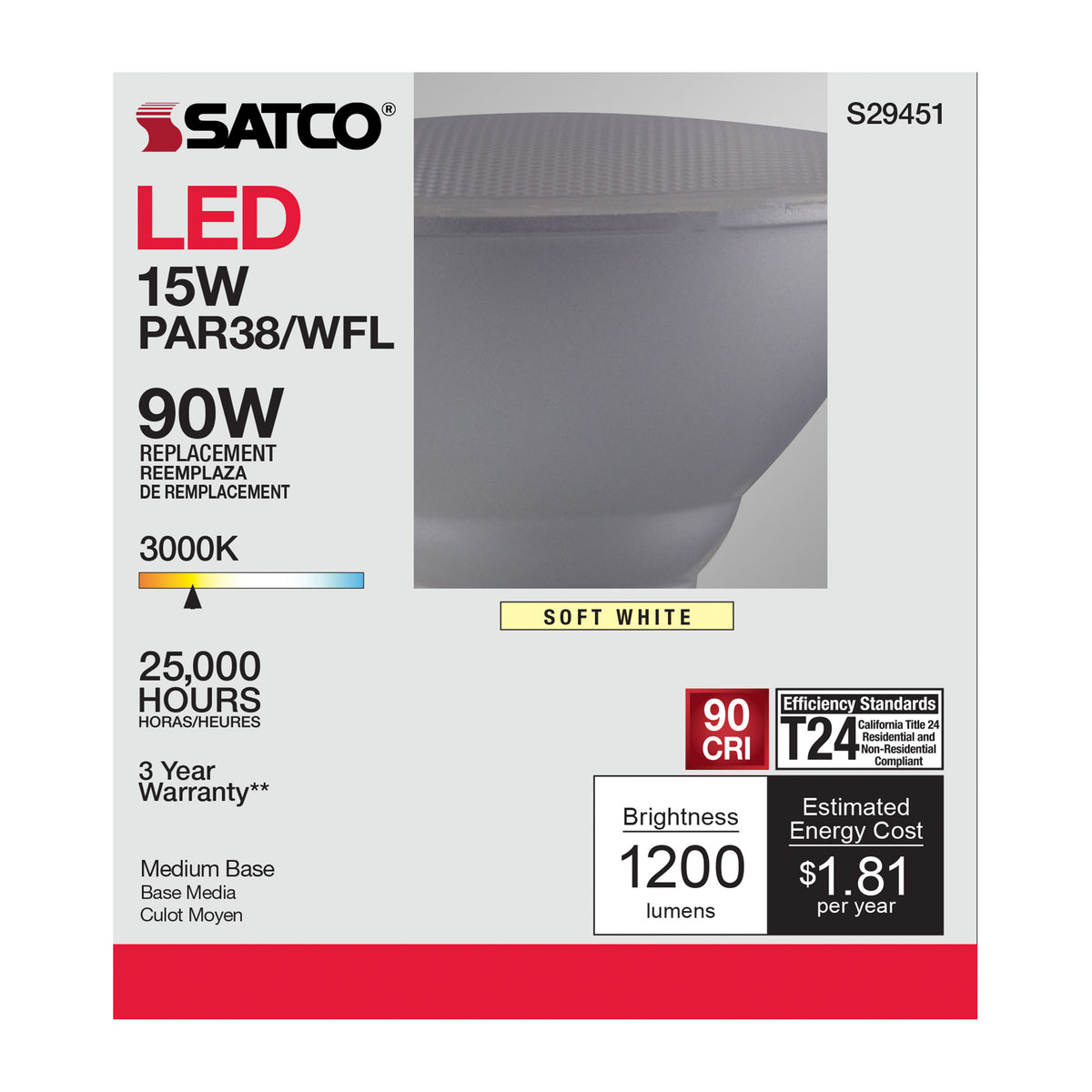 15 Watt - PAR38 LED - 3000K - 60 deg. Beam Angle - Medium base - 120 Volt