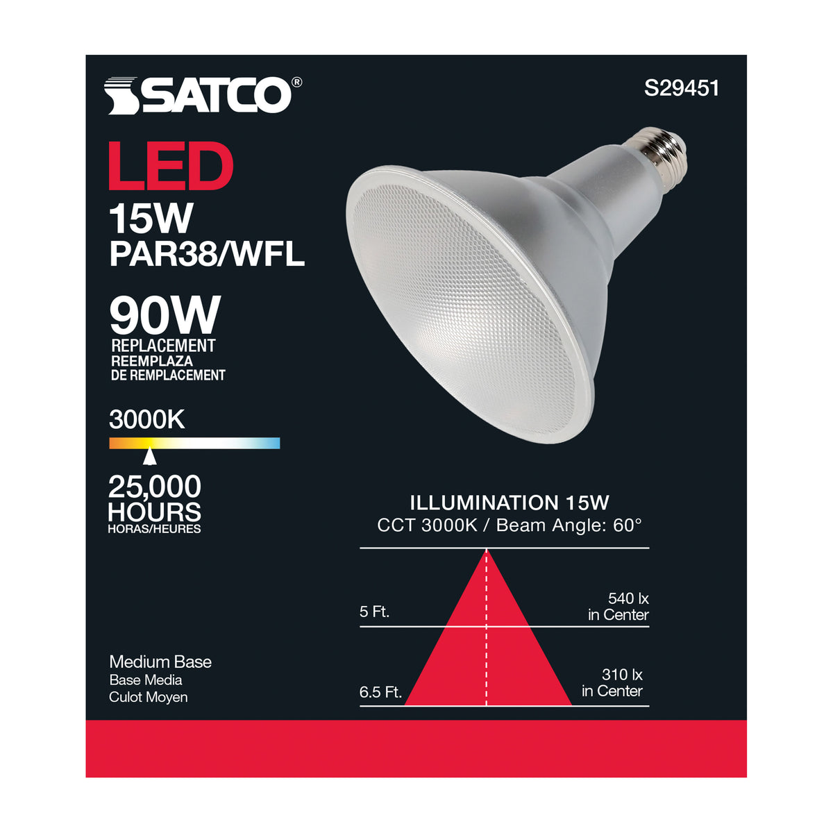 15 Watt - PAR38 LED - 3000K - 60 deg. Beam Angle - Medium base - 120 Volt