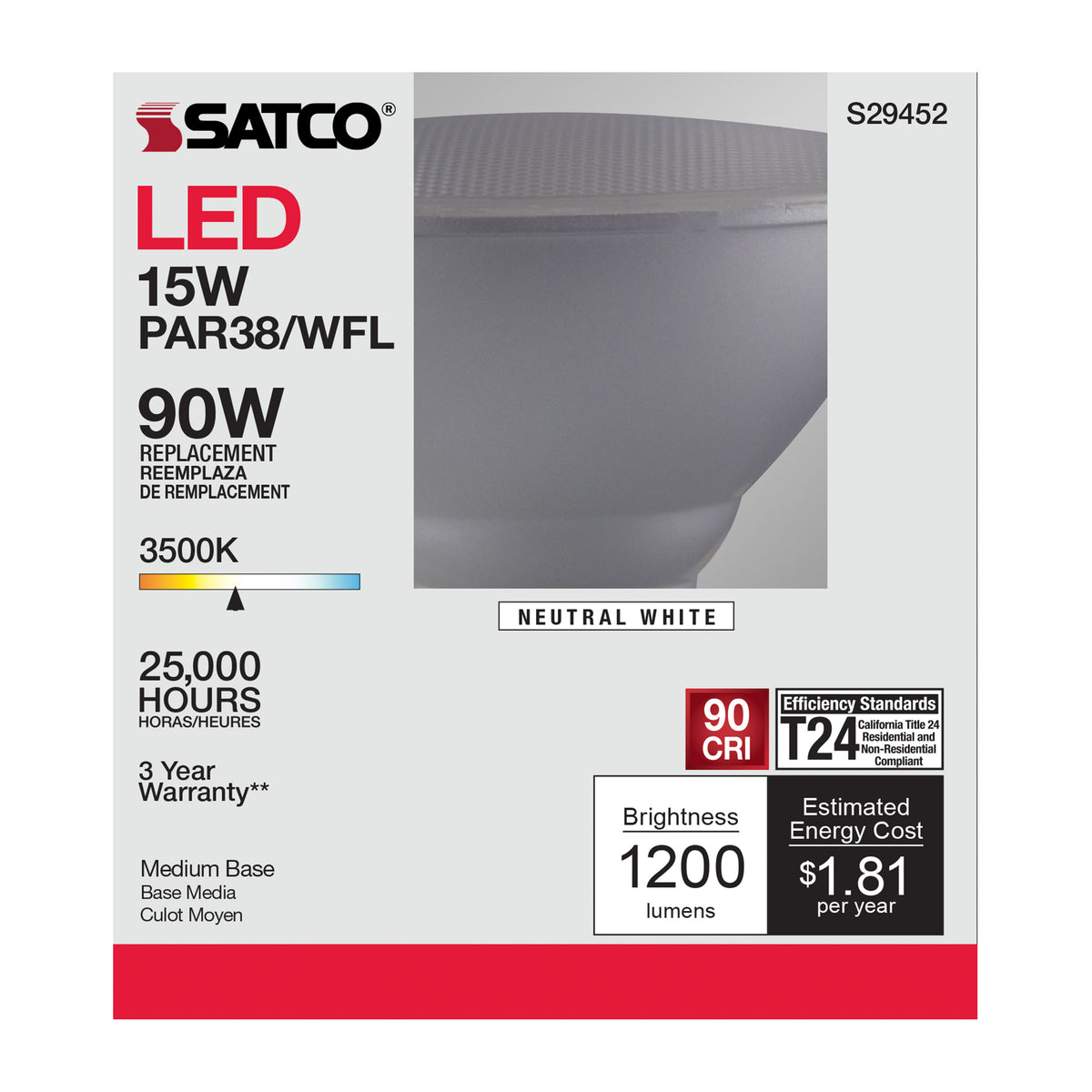 15 Watt - PAR38 LED - 3500K - 60 deg. Beam Angle - Medium base - 120 Volt