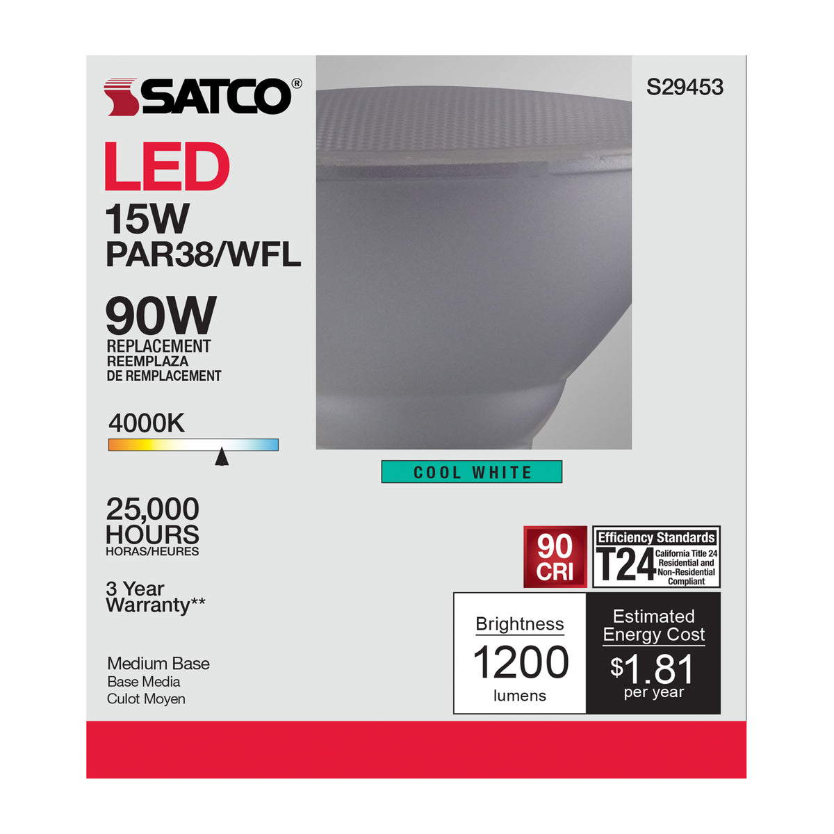 15 Watt - PAR38 LED - 4000K - 60 deg. Beam Angle - Medium base - 120 Volt