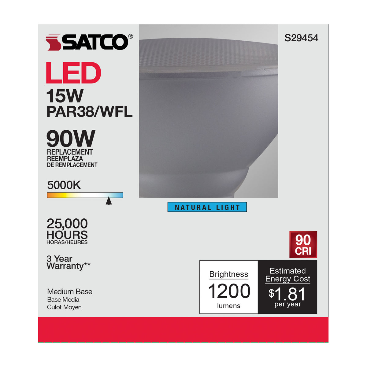 15 Watt - PAR38 LED - 5000K - 60 deg. Beam Angle - Medium base - 120 Volt