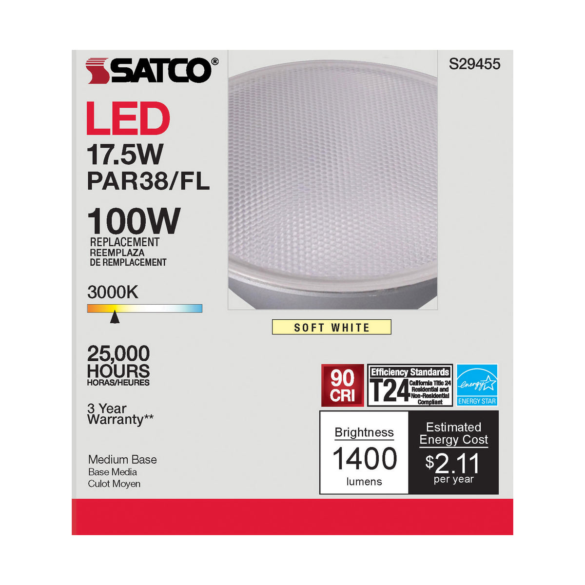 17.5 Watt - PAR38 LED - 3000K - 40 deg. Beam Angle - Medium base - 120 Volt