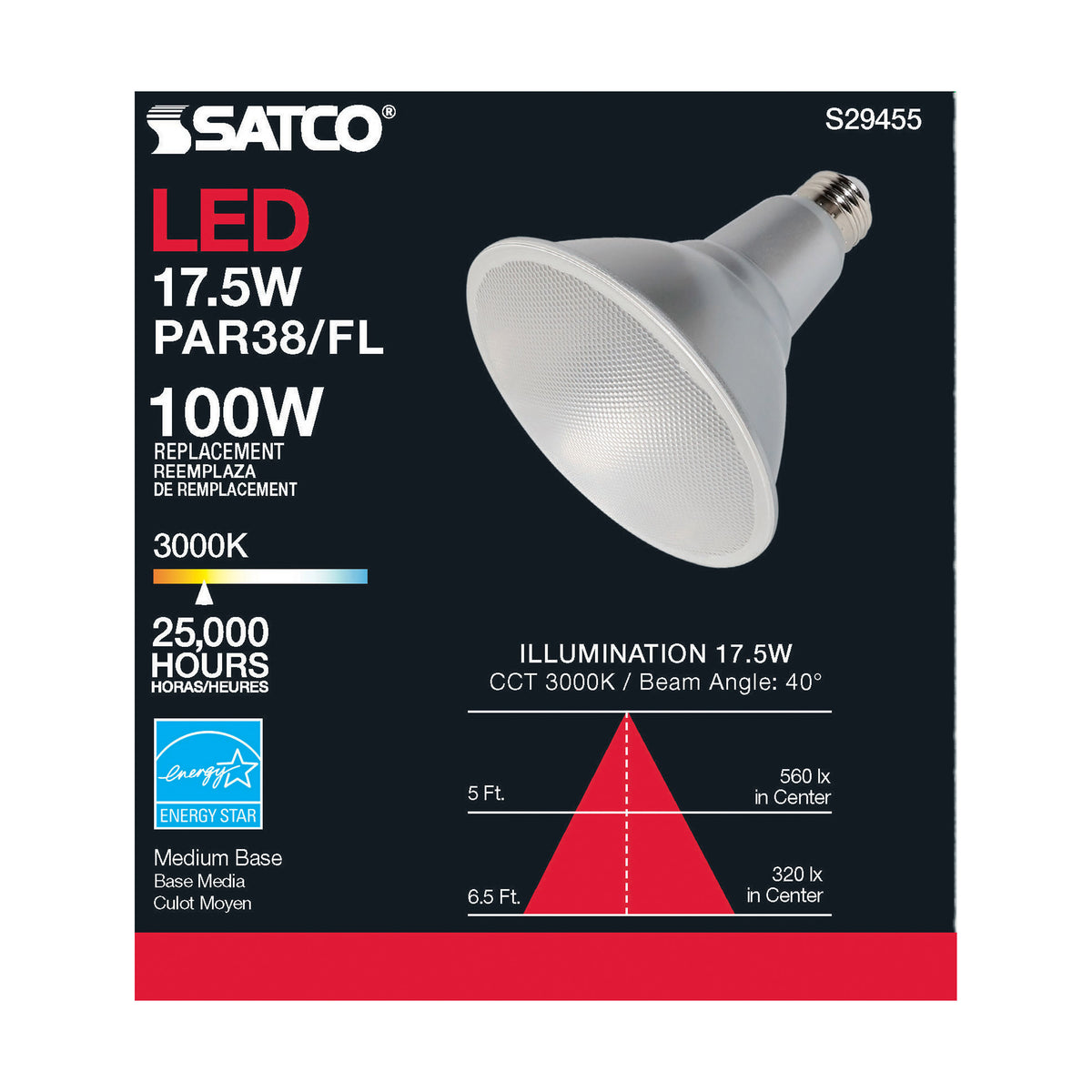 17.5 Watt - PAR38 LED - 3000K - 40 deg. Beam Angle - Medium base - 120 Volt