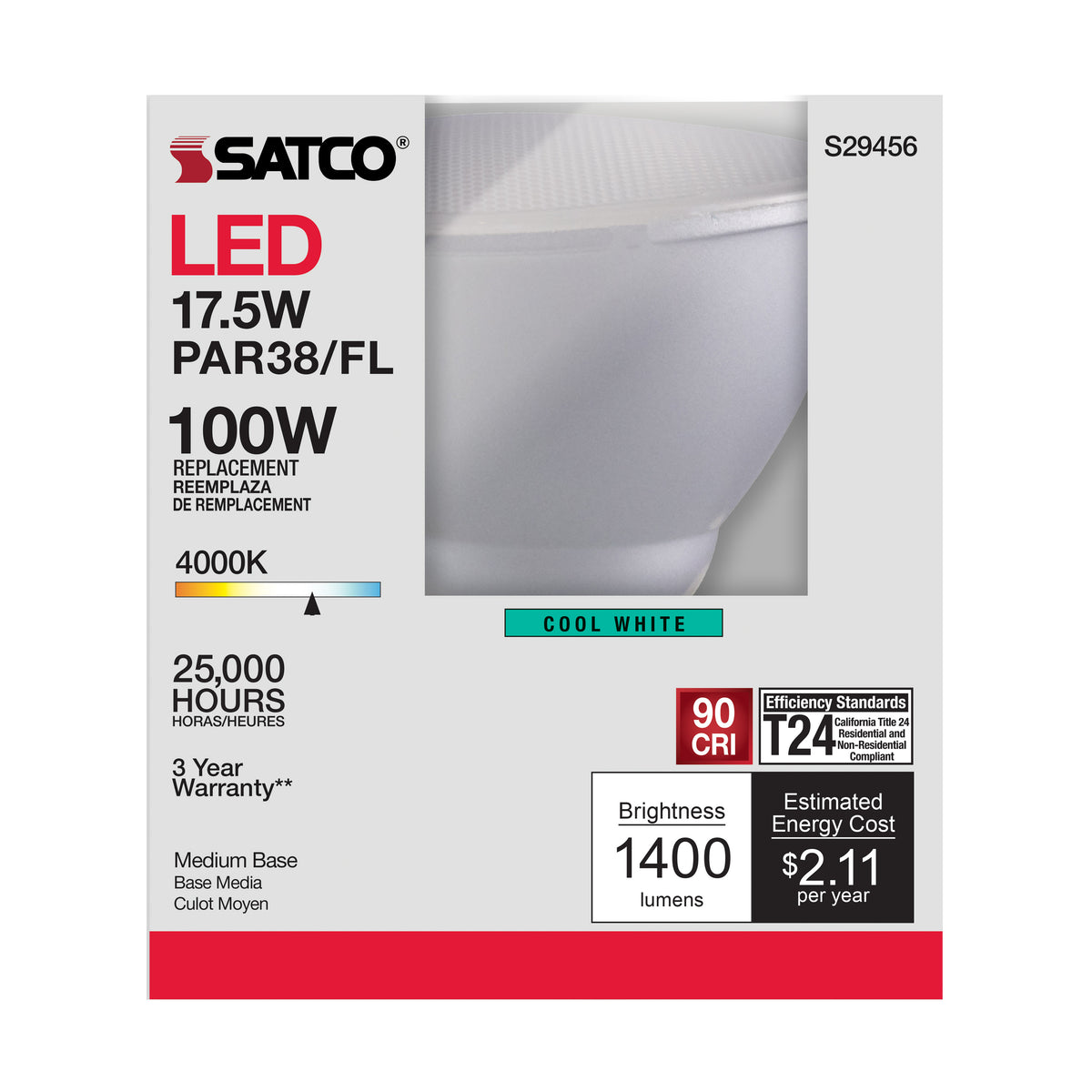 17.5 Watt - PAR38 LED - 4000K - 40 deg. Beam Angle - Medium base - 120 Volt