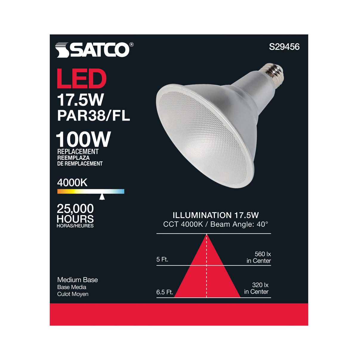 17.5 Watt - PAR38 LED - 4000K - 40 deg. Beam Angle - Medium base - 120 Volt