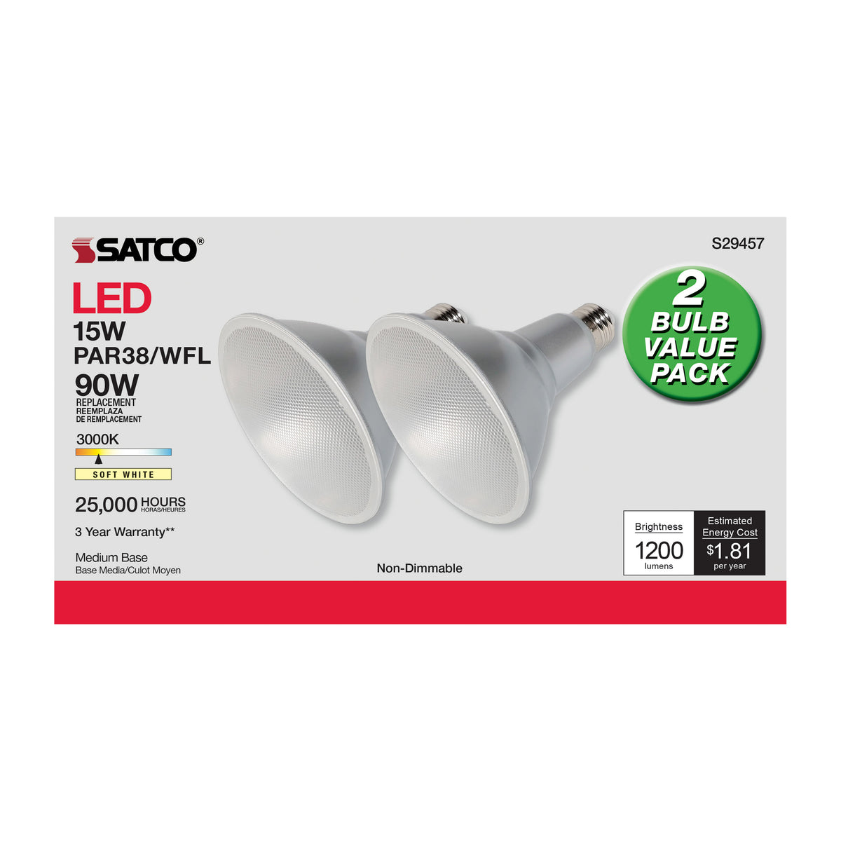 15 Watt - PAR38 LED - 3000K - 60 deg. Beam Angle - Medium base - 120 Volt - 2-Pk