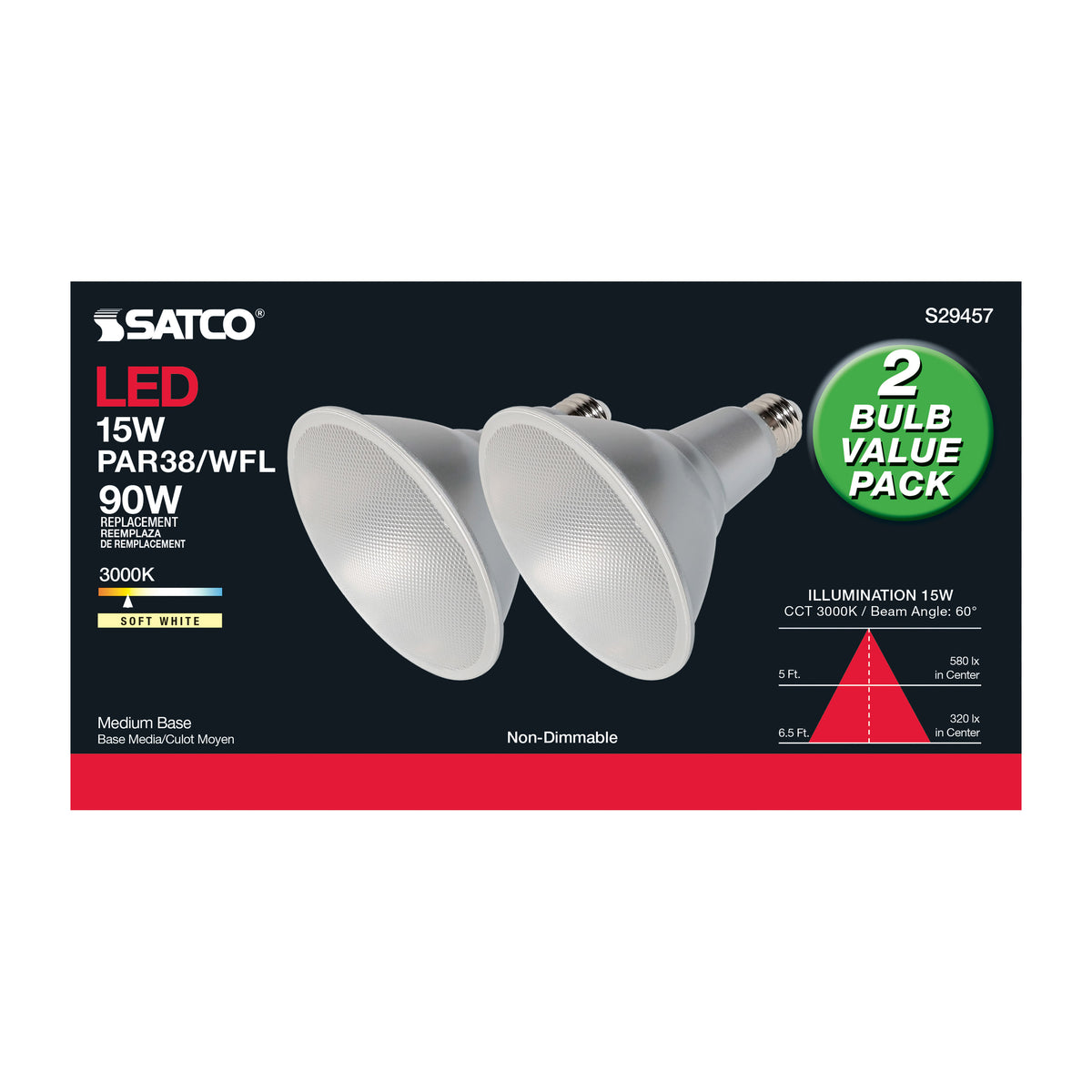 15 Watt - PAR38 LED - 3000K - 60 deg. Beam Angle - Medium base - 120 Volt - 2-Pk