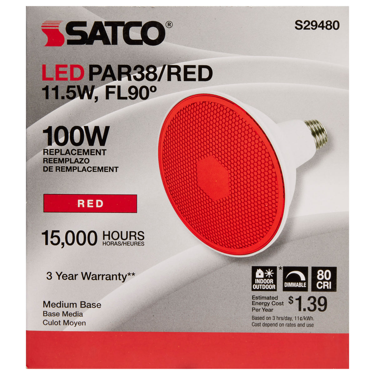 11.5 Watt PAR38 LED - Red - 90 degree Beam Angle - Medium base - 120 Volt