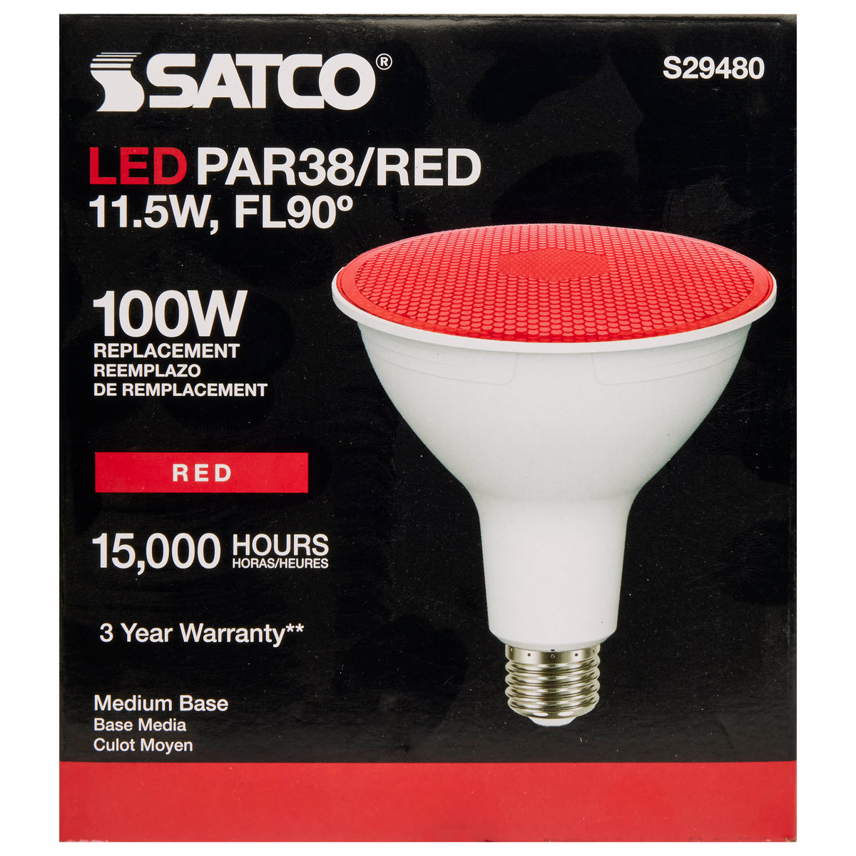 11.5 Watt PAR38 LED - Red - 90 degree Beam Angle - Medium base - 120 Volt