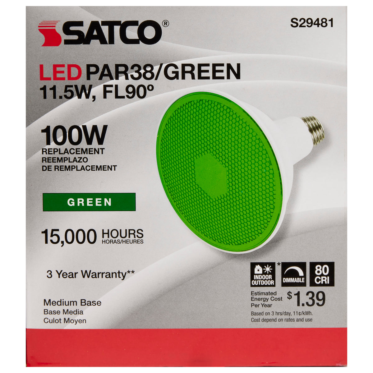 11.5 Watt PAR38 LED - Green - 90 degree Beam Angle - Medium base - 120 Volt