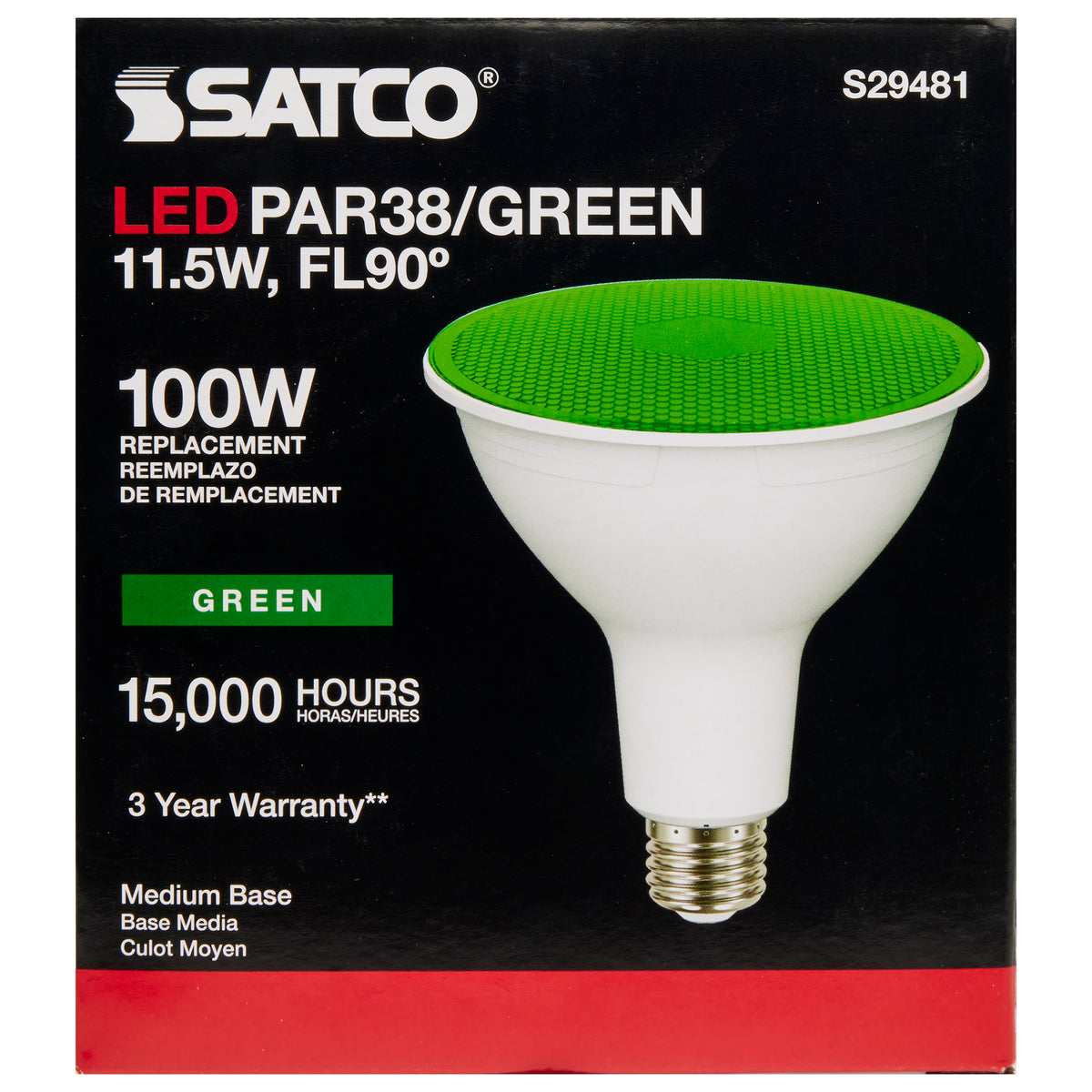 11.5 Watt PAR38 LED - Green - 90 degree Beam Angle - Medium base - 120 Volt