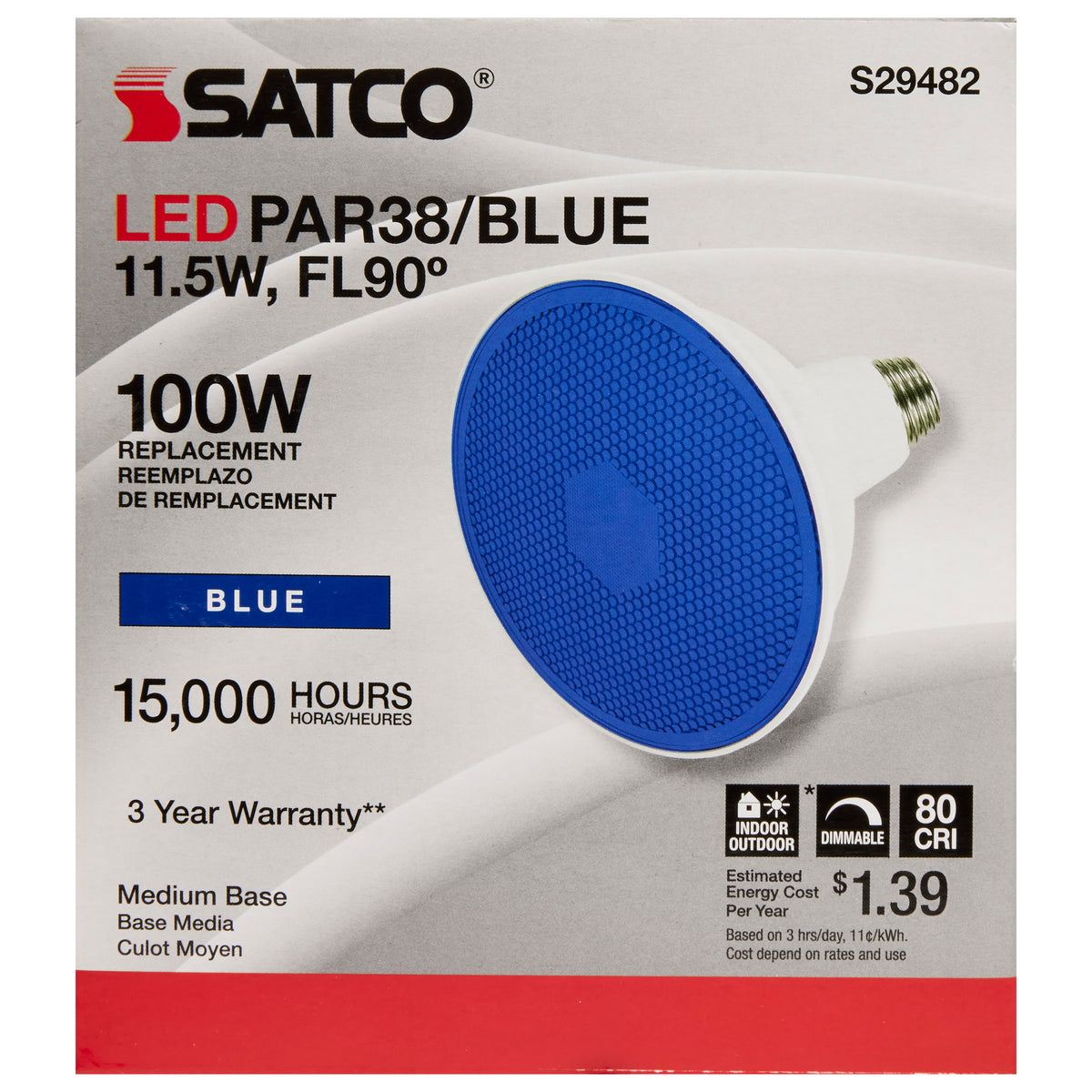 11.5 Watt PAR38 LED - Blue - 90 degree Beam Angle - Medium base - 120 Volt