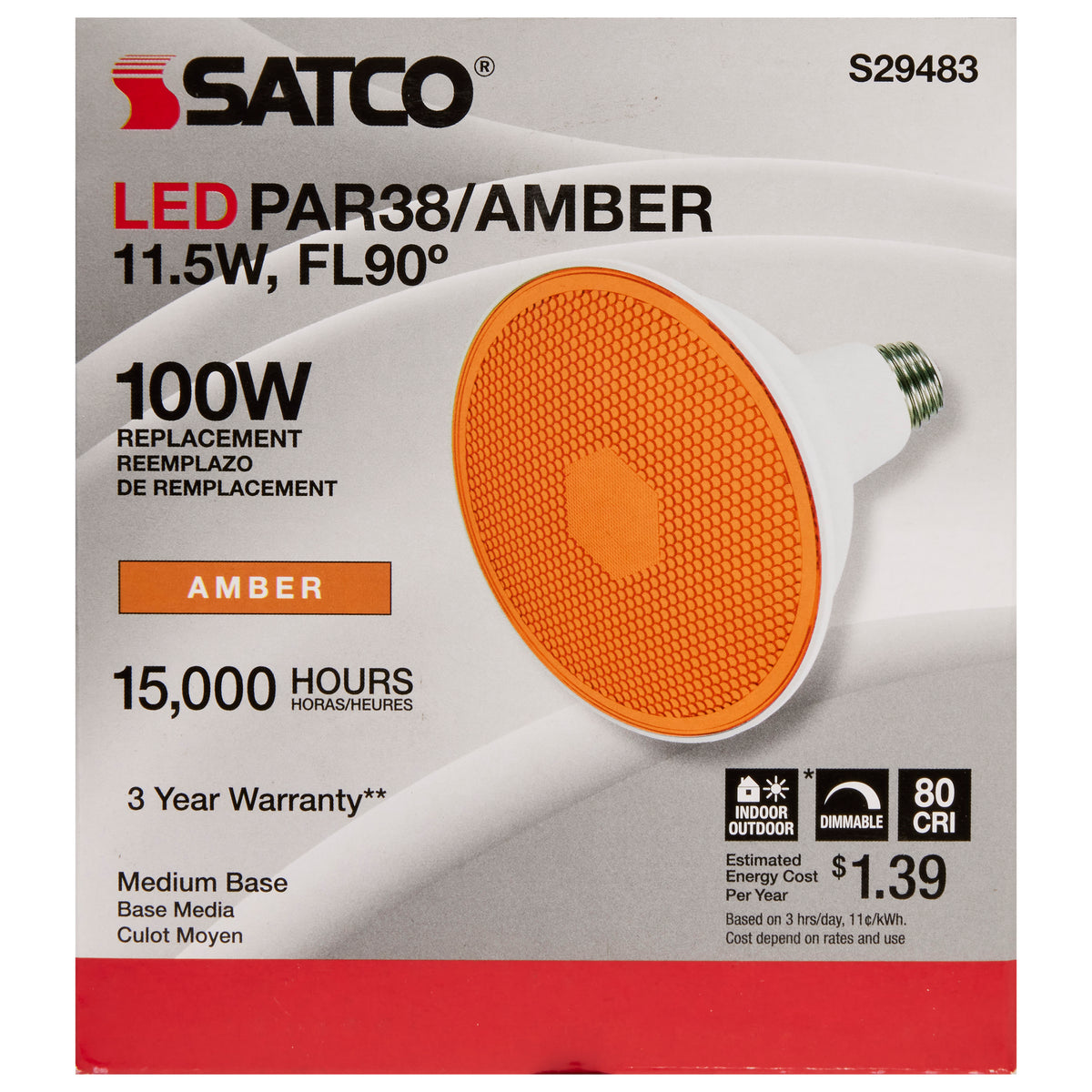 11.5 Watt PAR38 LED - Amber - 90 degree Beam Angle - Medium base - 120 Volt