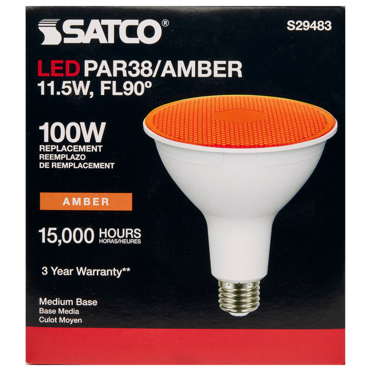 11.5 Watt PAR38 LED - Amber - 90 degree Beam Angle - Medium base - 120 Volt