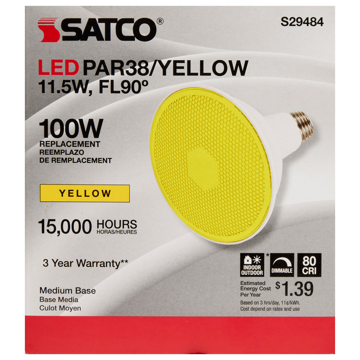 11.5 Watt PAR38 LED - Yellow - 90 degree Beam Angle - Medium base - 120 Volt