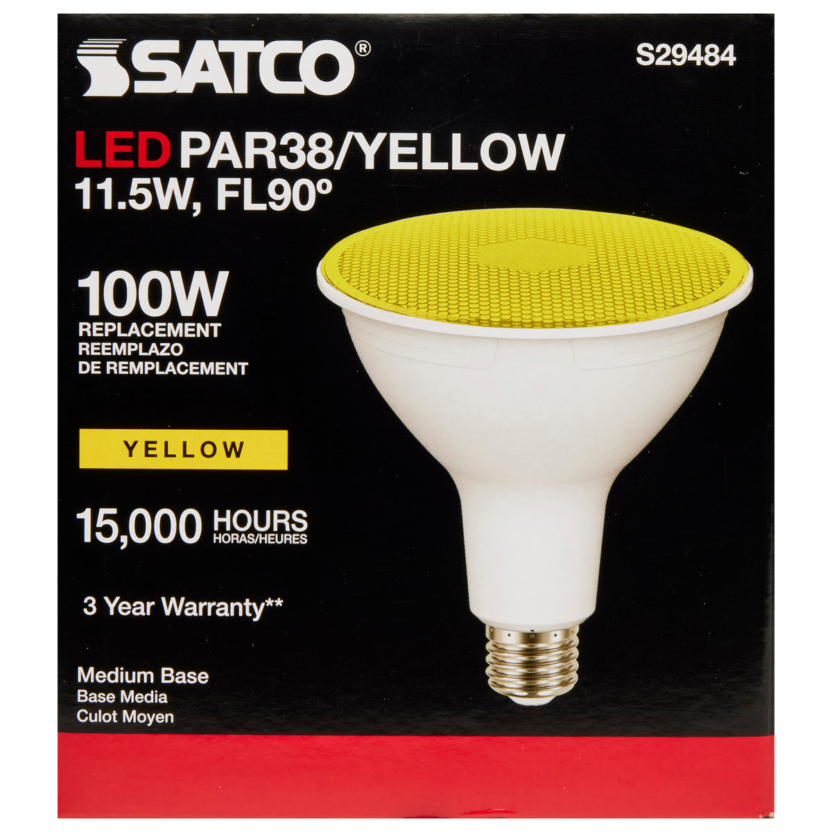 11.5 Watt PAR38 LED - Yellow - 90 degree Beam Angle - Medium base - 120 Volt