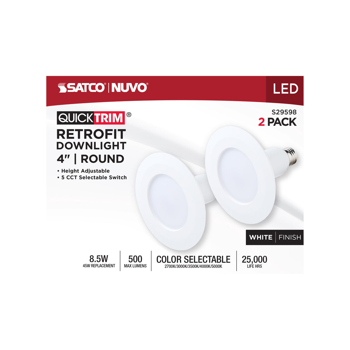 8.5 Watt LED Downlight Retrofit - 4 Inch - CCT Selectable - 120 Volt - 2 Pack