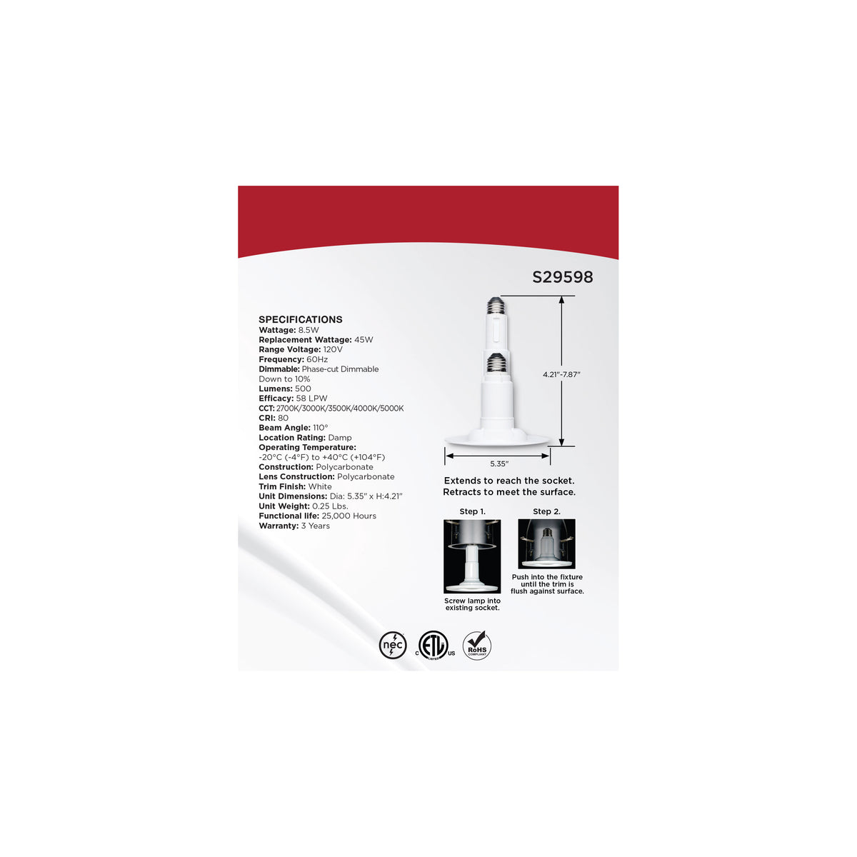 8.5 Watt LED Downlight Retrofit - 4 Inch - CCT Selectable - 120 Volt - 2 Pack