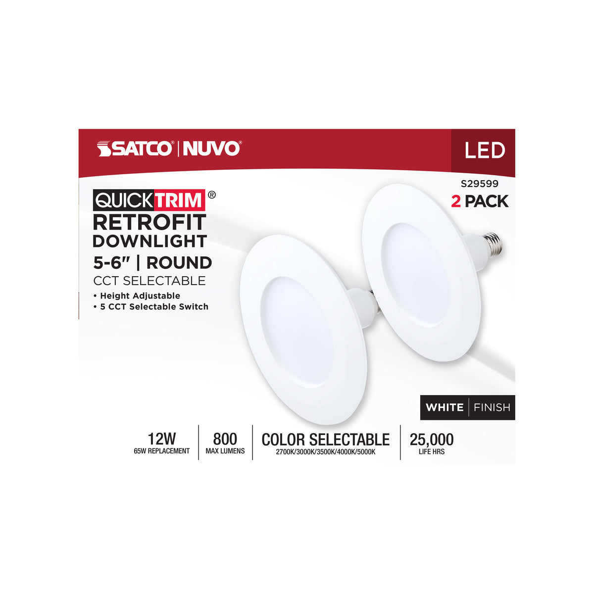 12 Watt LED Downlight Retrofit - 5-6 Inch - CCT Selectable - 120 Volt - 2 Pack