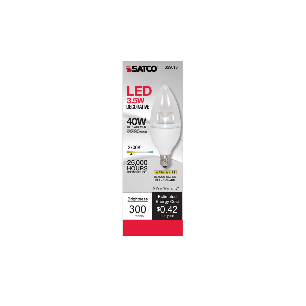 3.5 Watt LED Candle - 2700K - Candelabra base - 120 Volt