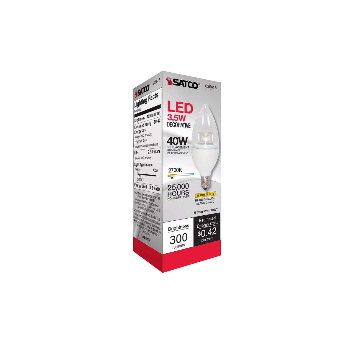3.5 Watt LED Candle - 2700K - Candelabra base - 120 Volt